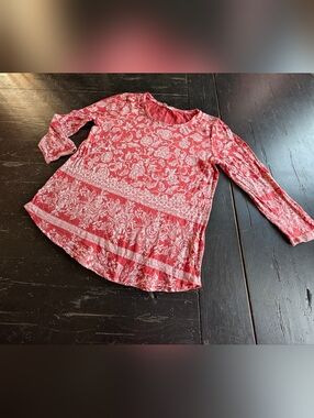 Lucky Brand Large Red White Women's Boho Floral Top Relaxed Comfy Granny Chic